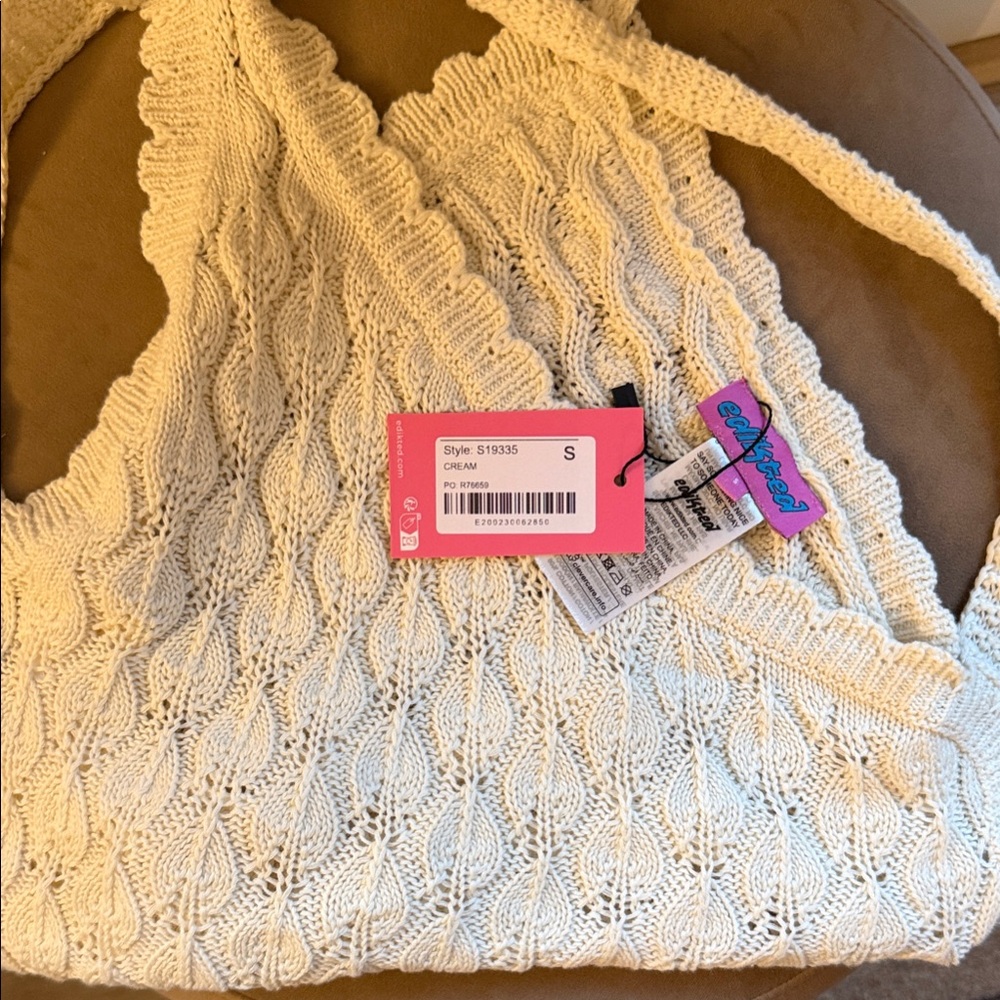 Edikted Cream Crochet Halter Tank